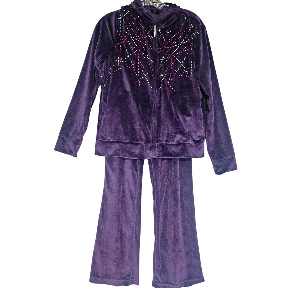 Kaktus Medium Velour 2 Piece Zip Jacket & Drawstring Pants Set Purple Beaded Y2K